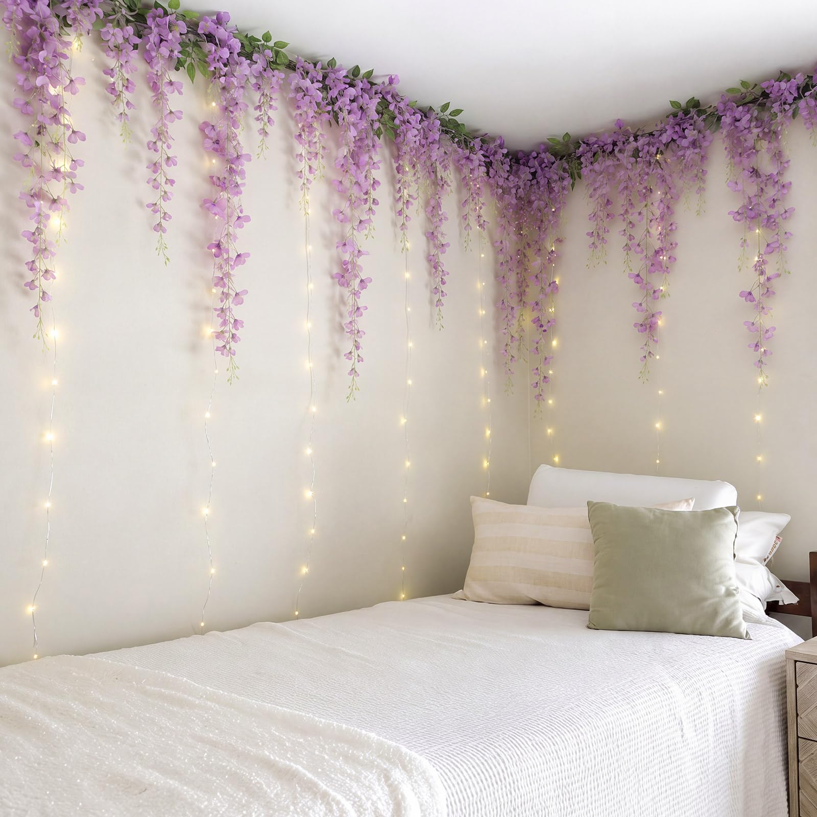 Knitgrip Lot de 24 guirlandes lumineuses de vigne pour dortoir avec lierre artificiel et crochets muraux transparents pour dortoir, rideau mural, décoration de rentrée scolaire (glycine, violet)