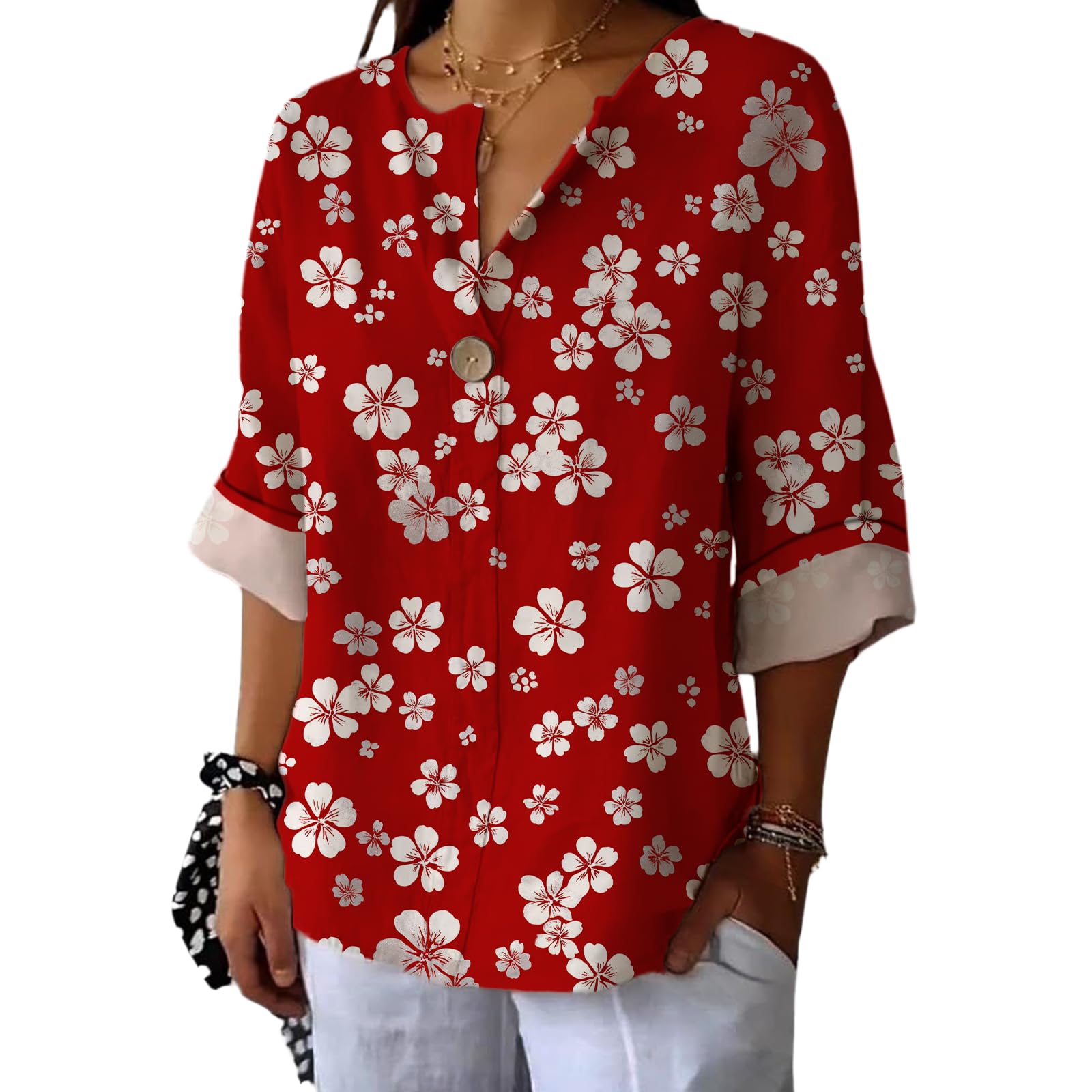 Womens Summer Tops Loose V Neck 3/4 Sleeve Dressy Casual Tunic Tops Fashion Floral Beach Button Down Shirts