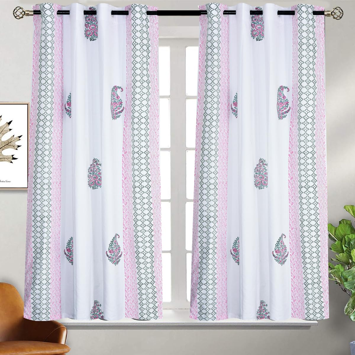 Amazon Brand - Umi Pure Cotton Jaipuri Hand Block PrintCotton Door Curtains,54X60(Inches) 5 Feet Living Room,Grommet Curtain Panel,Pack of 2 Hand Made Cloth Cotton Panel Window Curtains-image-20
