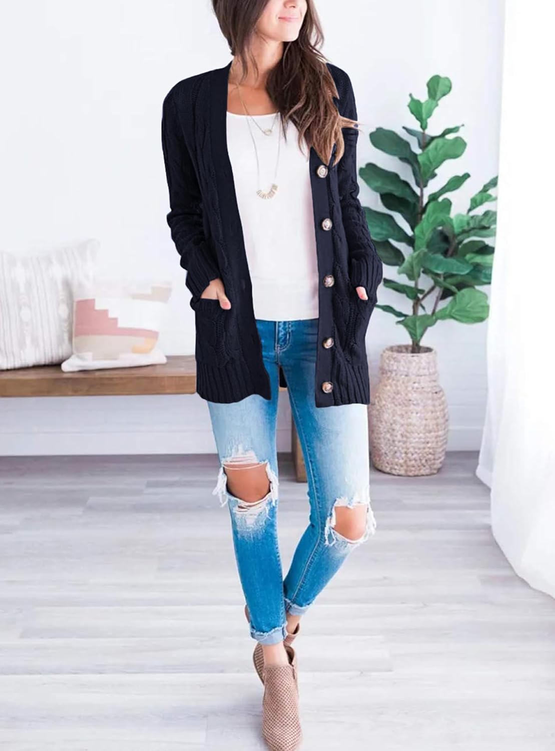 PRETTYGARDEN Women's Open Front Cardigan Sweaters Fall Fashion Button Down Cable Knit Chunky Winter Clothing Outerwear Coats - Image 6