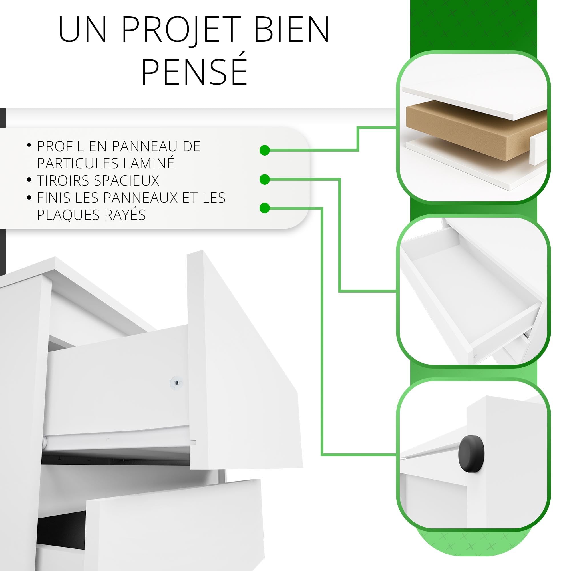 CDF Malwa M3 Commode Blanc Brillant Meuble pour Documents Petit Objet Idéal pour Salon, Chambre à Coucher, Chambre d'enfant, Chambre d'adolescent et Bureau, 3 tiroirs spacieux, Table de Chevet