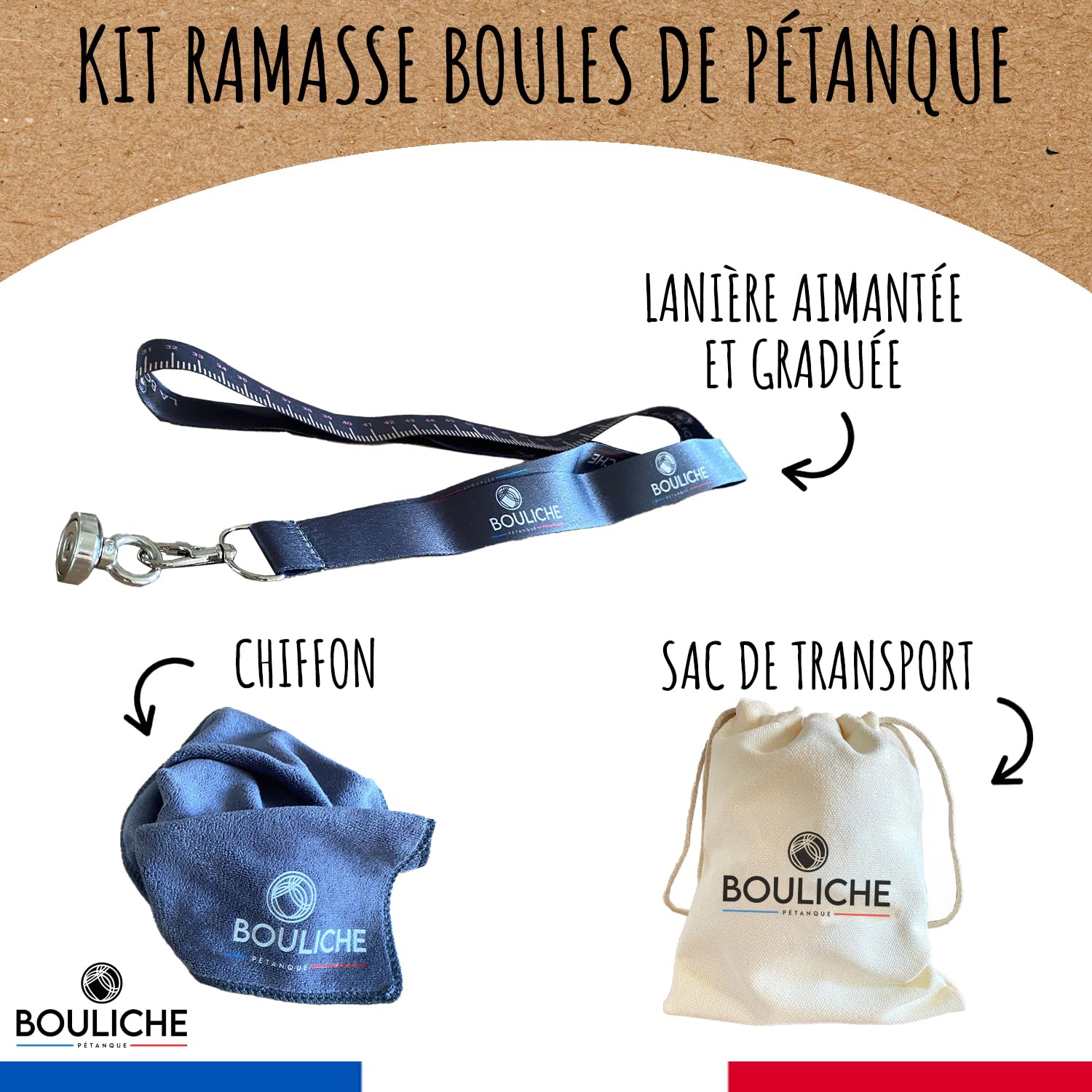 BOULICHE | Kit Ramasse Boules de Pétanque | Aimant Puissant et Mètre Intégré | Chiffon et Sac de Transport Inclus | Léger et Portable | Accessoire Petanque, Cadeau | OriginalCorner®