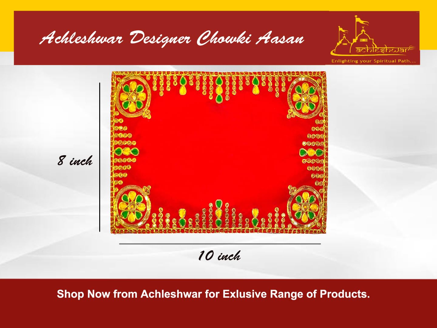 Achleshwar Designer Velvet Embroidered Pooja Aasan Cloth 8x10 inch RED | Chowki Aasan for God Idol | Mandir Table Altar Cover for Temple, Puja Shelf, Diwali Decoration Pack 0f 1 1