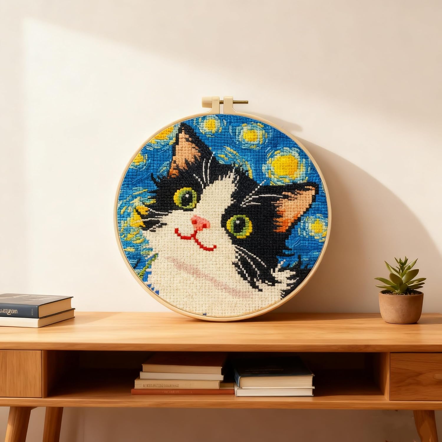 LSLFQYQSK Beginners Embroidery Kits - The Little Cat at Night DIY Cross Stitch Kits,Including,Stamped Flower Patterns,Hoop,Color Threads,Tools (Style C)