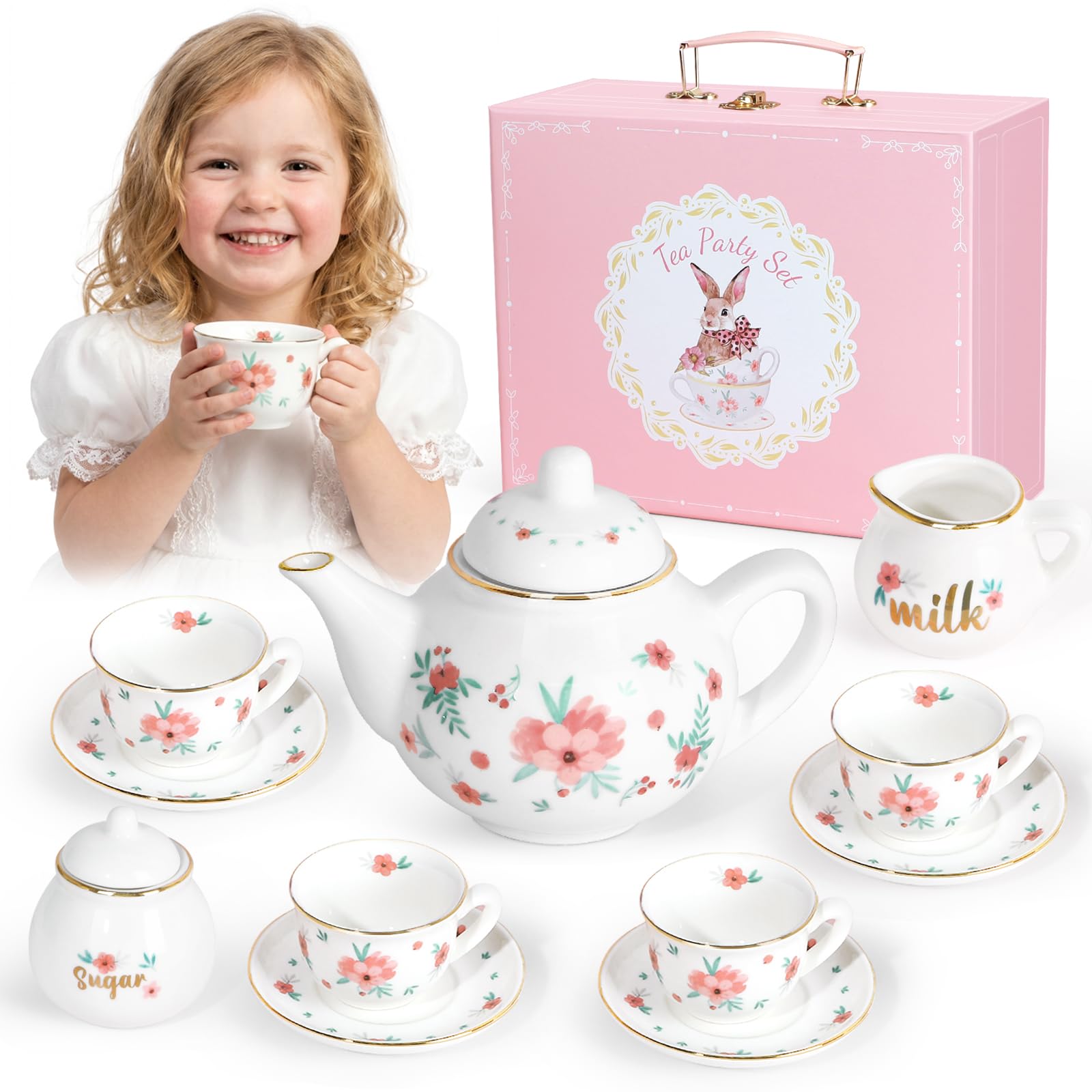 Porcelain Tea Set for Girls, Tea Party Set for Little Girls, Kids Tea Set Kitchen Pretend Play, Princess Tea Time Playset with Ceramic Teapot Cups Carry Case, Toddler Girl Toys Birthday Gifts Age 3+