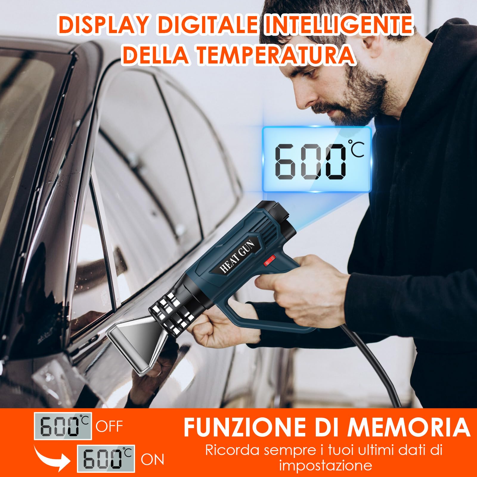Pistola Termica Professionale 2500W con Display Digitale LCD, 50℃-600℃ Pistola Aria Calda Temperatura e 2 Flussi D'Aria Regolabili, Pistola Ad Aria Calda con 4 Ugelli per Riscaldamento