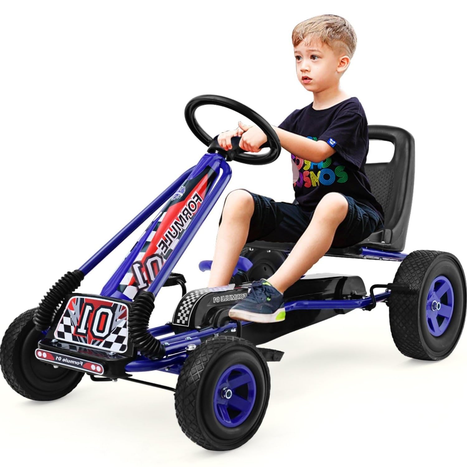 DORTALA Go Kart for Kids, 4 Wheel Off-Road Pedal Powered Go Cart with 2-Position Adjustable Bucket Seat, Safety Brakes, EVA Rubber Tires, Outdoor Ride On Racer Pedal Car for Boys & Girls (Blue)