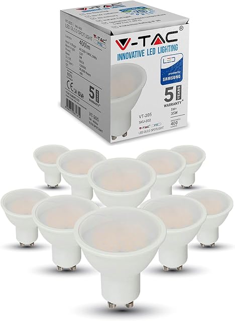 V-TAC 5W (35W Halogen Bulb Replacement) Energy Saving GU10 LED Spotlight Milky Cover with Samsung LED 110 Beam Angle Non-Dimmable 4000K Day White 400 lumens [Energy Class A+] 10 Pack