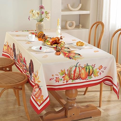 Miniatura 3 de SASTYBALE Mantel rectangular de Acción de Gracias, a prueba de derrames, con estampado de pavo y calabaza, mantel decorativo para otoño, cosecha y