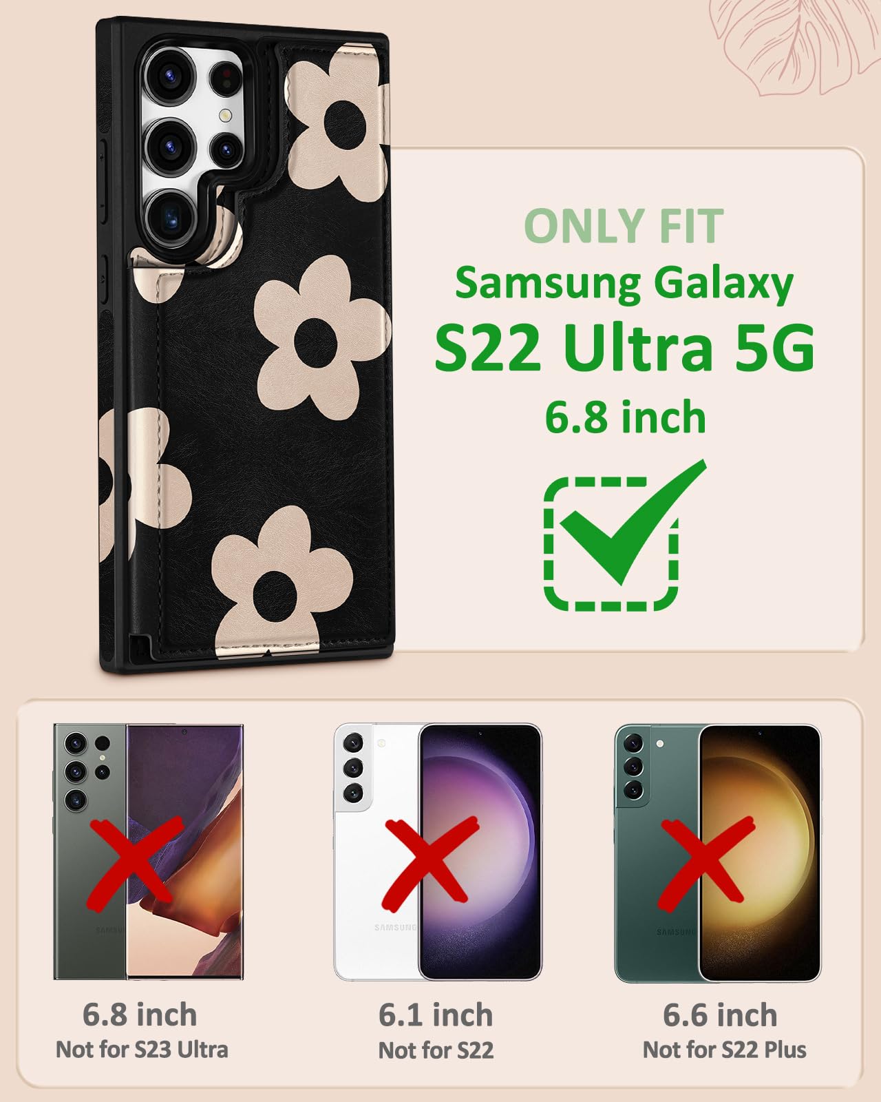 Shorogyt for Samsung Galaxy S22 Ultra Wallet Case with Card Holder, Designer Black Flower Pattern Kickstand Magnetic Clasp Back Flip Folio Leather Phone Cases for S22 Ultra for Women Men Girls