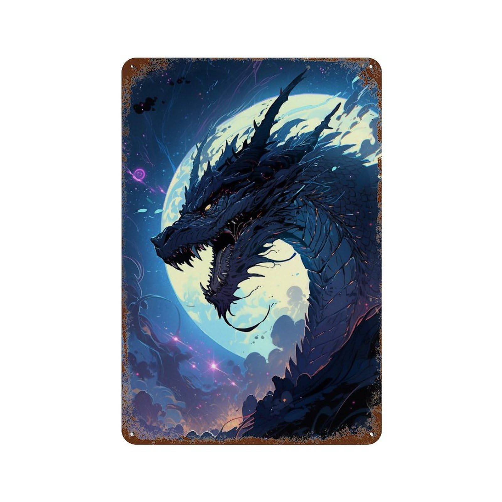 Retro Metal Sign with Dragon Moonlit Fantasy Design 11.8"x7.9", for Shed, Workshop And Garage Wall Decor, Old School Wall Decor