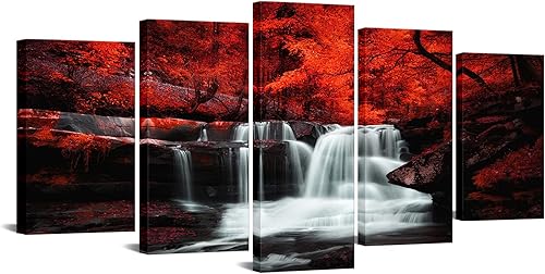 LevvArts Arte de pared blanco y negro, 5 piezas de bosque de árbol rojo, cascada, lienzo impreso en lienzo de otoño pinturas de paisaje enmarcadas