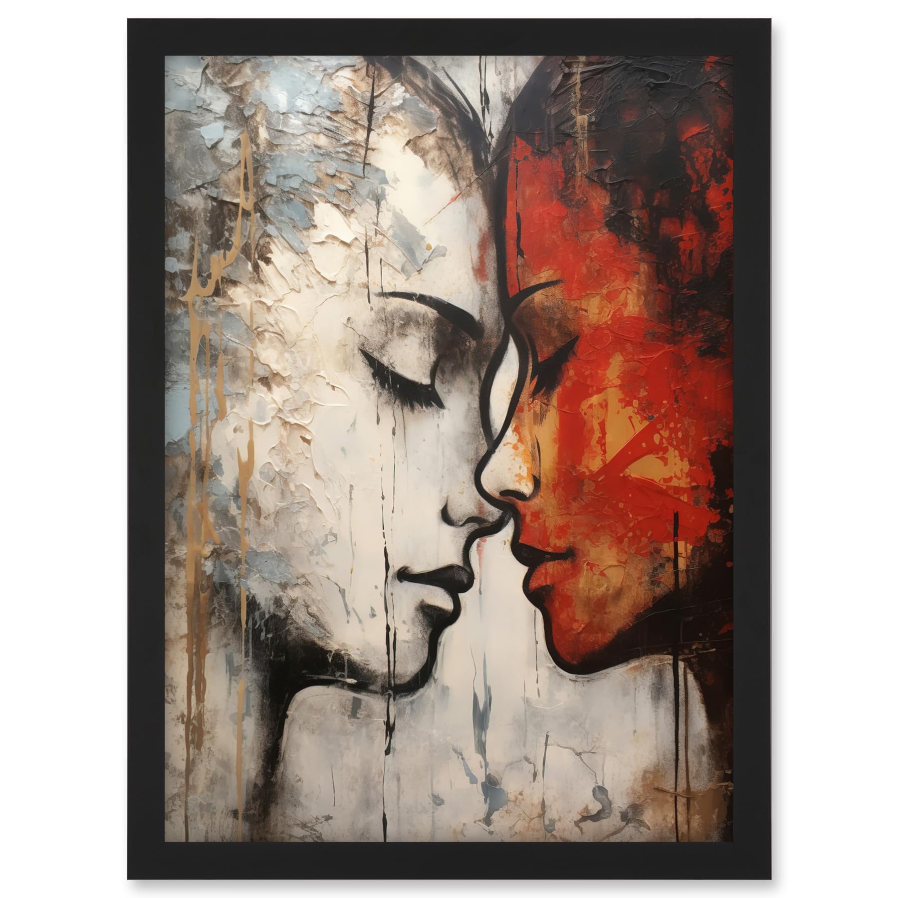 Artery8 Affection Thick Paint Oil Painting Red Bold Blue Gay Lovers Emotional Connection Women Love Lesbian Artwork Framed A3 Wall Art Print