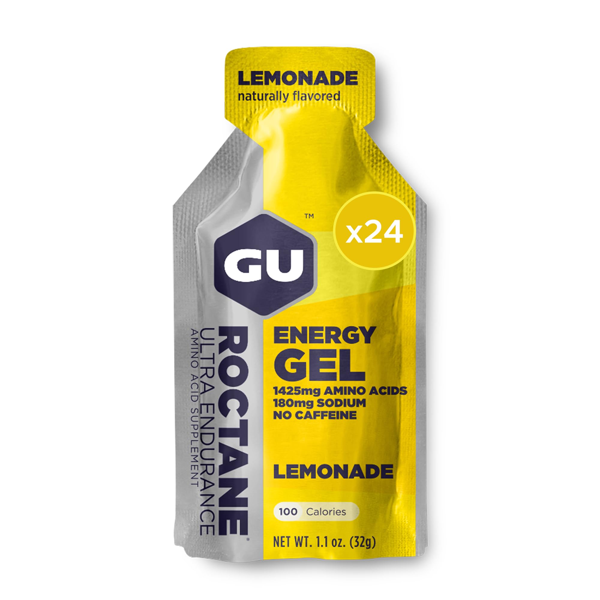 GU Energy Roctane Ultra Endurance Energy Gel, Vegan, Gluten-Free, Kosher, and Dairy-Free On-The-Go Sports Nutrition for Running, Biking, Hiking or Skiing, 24-Count, Lemonade