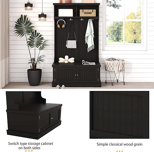 Miniatura 5 de Lakifun Árbol de pasillo con banco de almacenamiento y perchero para entrada, árbol de pasillo de madera con banco de almacenamiento de entrada y