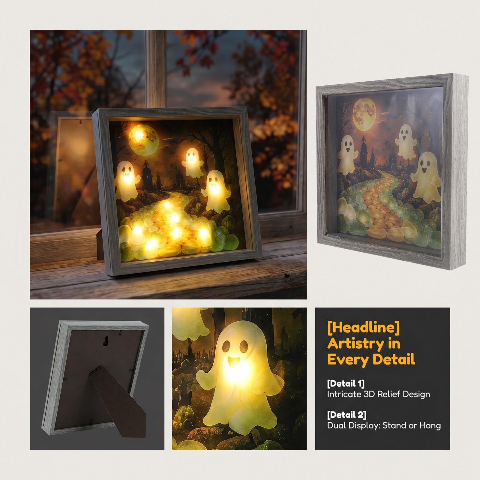 Zerodeko Marco de Fotos con Luz Led - Marco de Fotos de Madera para Halloween - Decoración de Mesa para Regalos de Cumpleaños Y Aniversario para Familiares Y Amigos