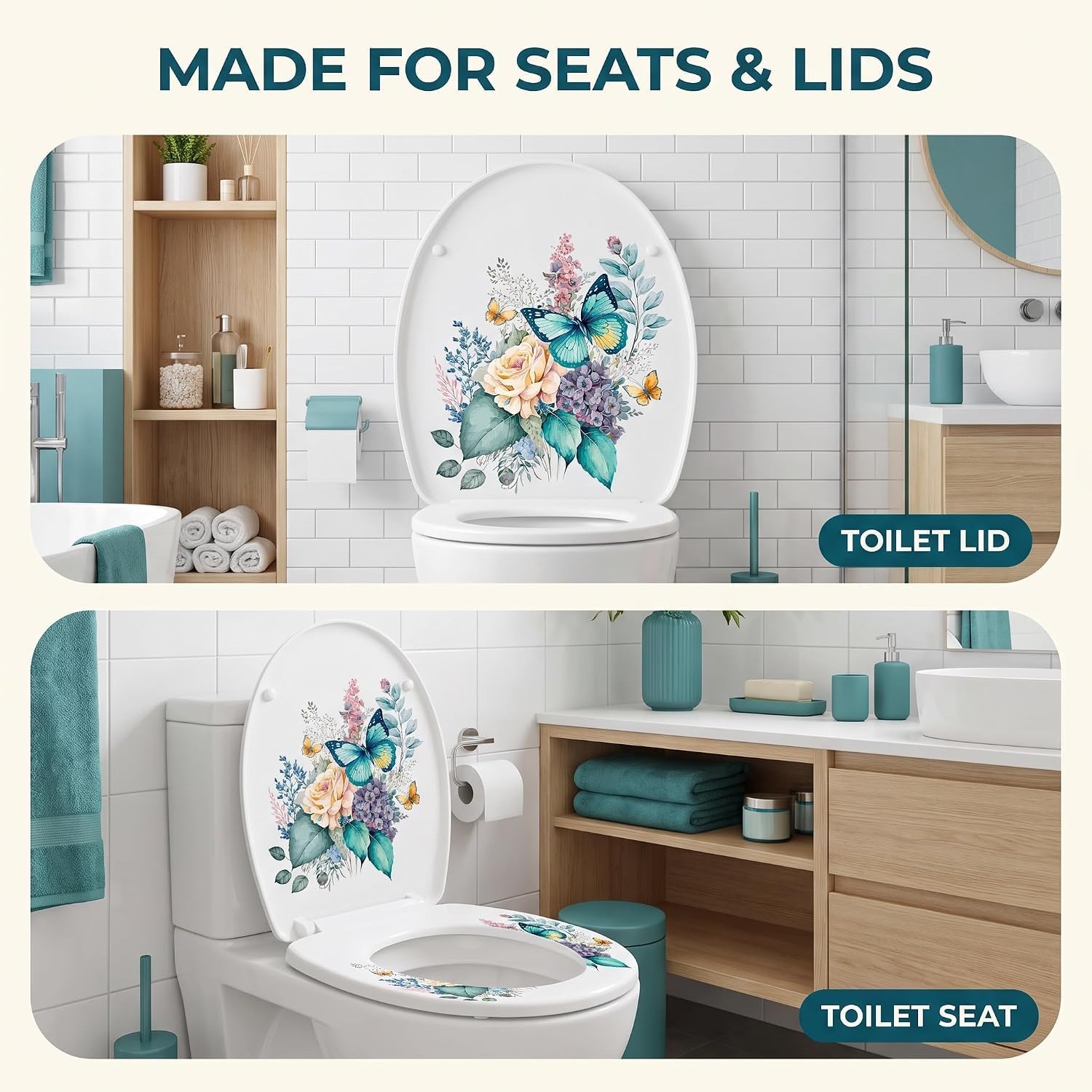 Toilet Stickers, Peony Butterflies Bathroom Toilet Seat Lid Cover Decals Waterproof Self-Adhesive Wall Sticker Toilet Lid Decals for Bathroom Accessories