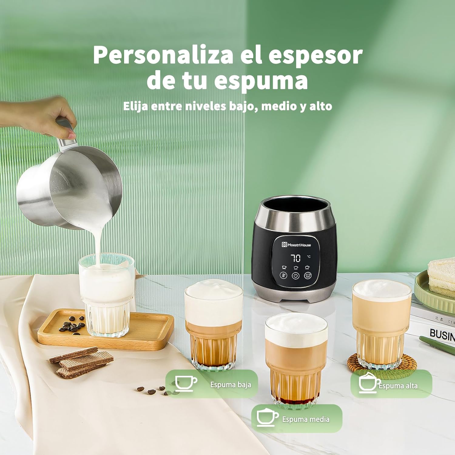 Maestri House Espumador de Leche Eléctrico 12 en 1 600 ml Apto Para Lavavajillas, de Acero Inoxidable, con Temperatura Variable y Espuma, Función de Almacenamiento para Capuchino, Chocolate Caliente