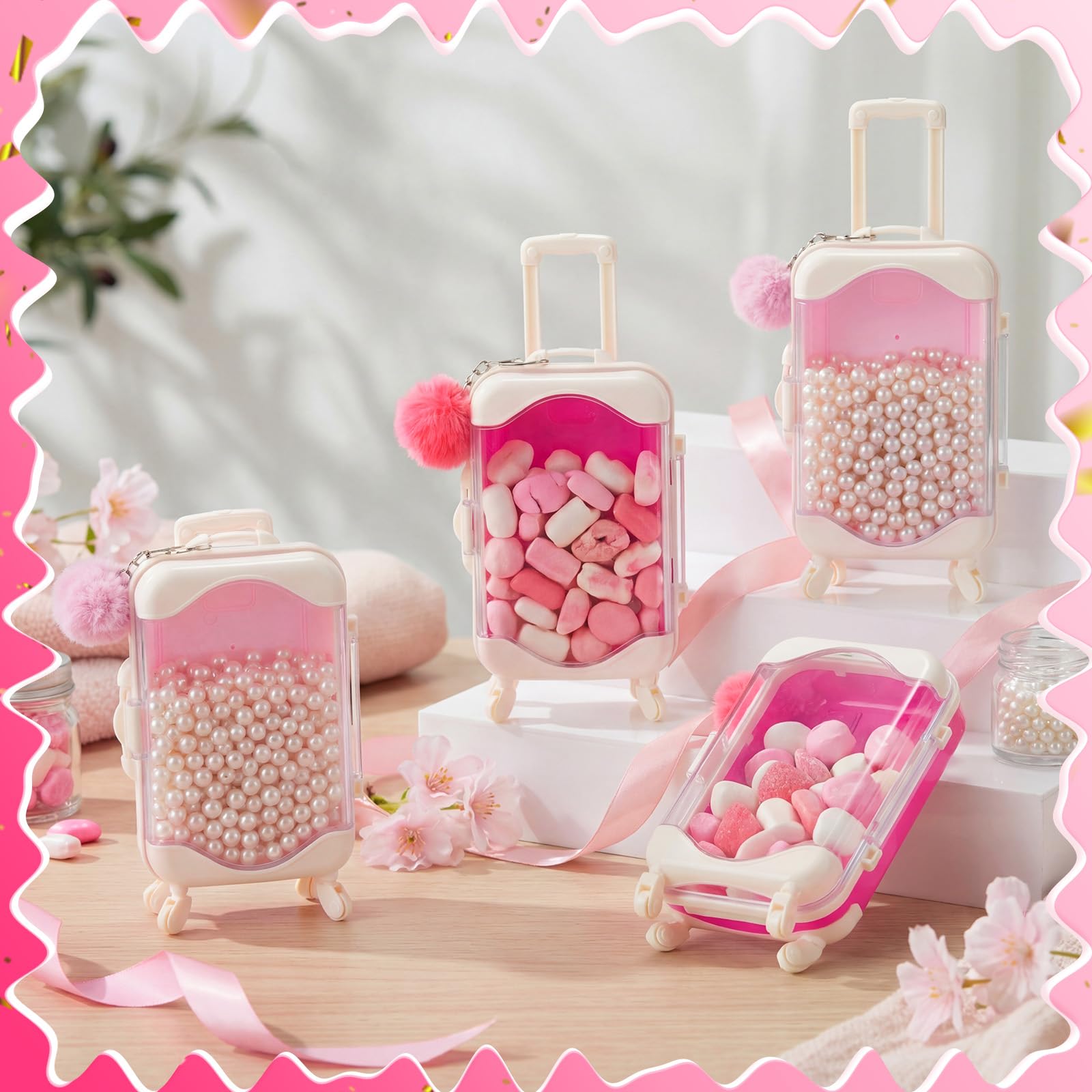 LemonRoad 48 Stück leere Mini-Koffer-Geschenkbox und Plüschkugel-Schlüsselanhänger, transparent, für Süßigkeiten, Gepäck, Aufbewahrungsbehälter, Koffer-Verpackung, Koffer für Hochzeit, Geburtstag