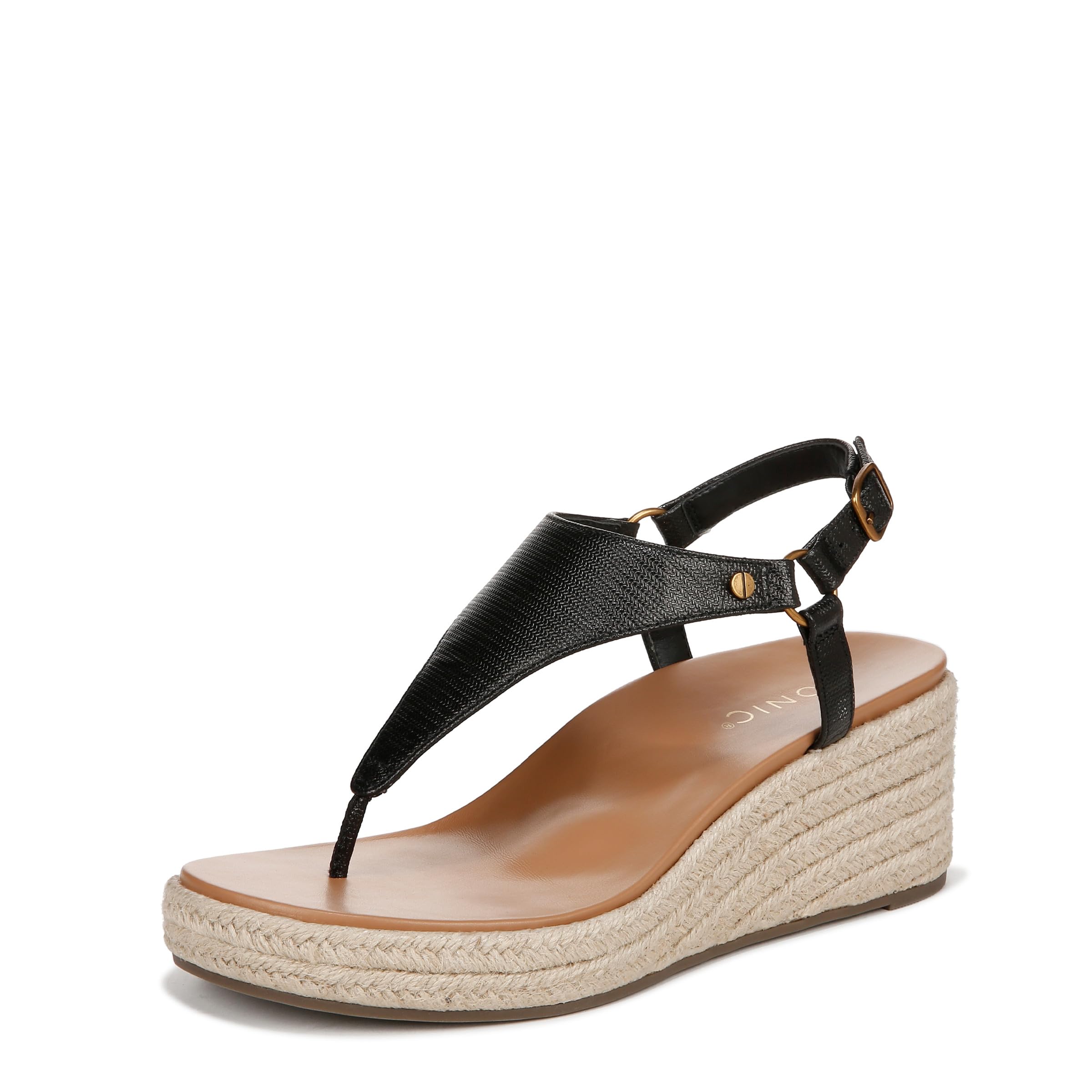 VionicWomen's Solano Kirra Wedge Toe Post Comfortable Wedge Heels- Supportive Wedges Comfort Shoes Black Leather 9 Medium