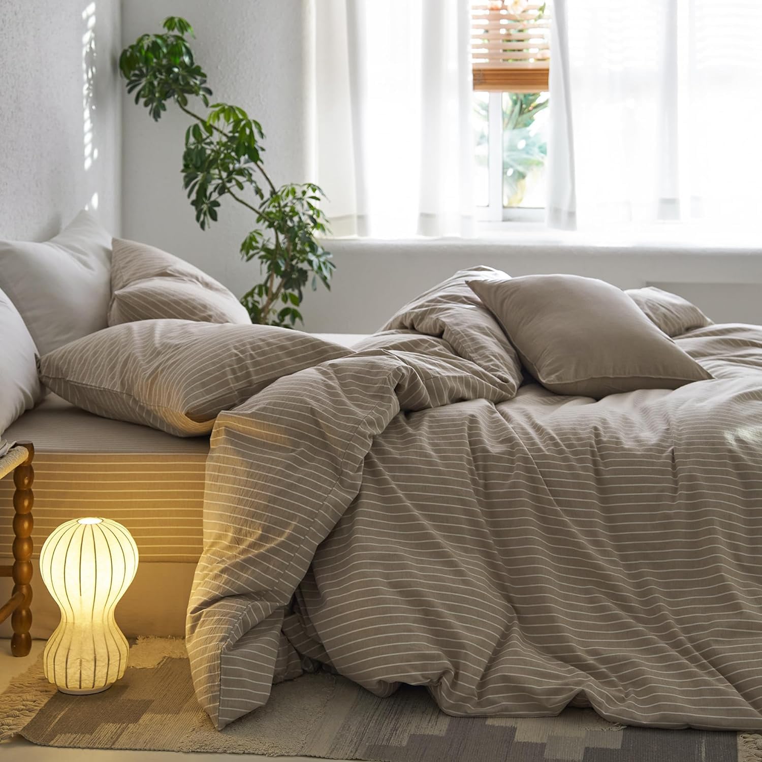 Sedefen Bettwäsche 220x240 cm Baumwolle Khaki Taupe Gestreift Baumwollbettwäsche Set,Renforce Bettbezug und 2 Kissenbezug 80x80cm mit Reißverschluss