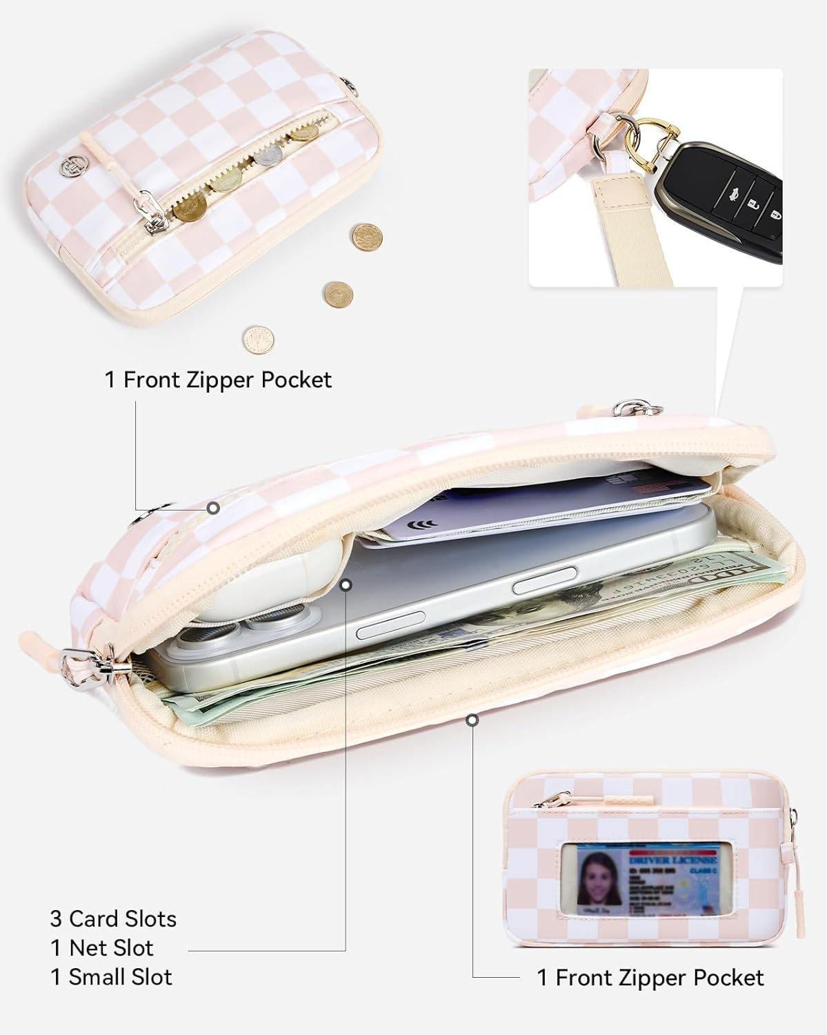 BOSTANTEN Wristlet Wallets for Women RFID Checkered Wallet with ID Window Nylon Wristlet Purse with 3 Zippers - Image 3