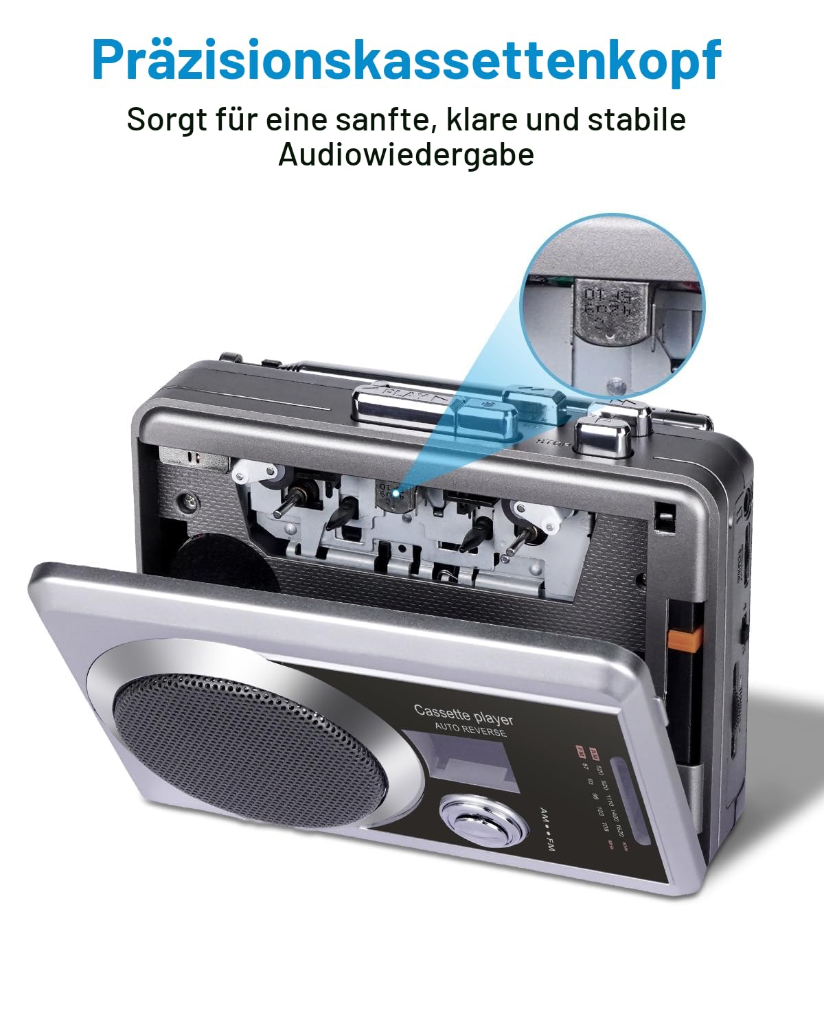 Tragbarer Kassettenrekorder-Player und AM/FM-Radio, kompakter Kassettenspieler mit 3,5-mm-Kopfhöreranschluss, integriertem Lautsprecher, Batterie-/USB-betrieben