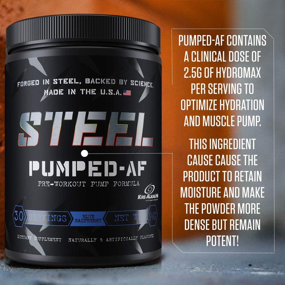 Steel Supplements Pumped-AF Pre Workout Powder w/Hydromax & Kre-Alkalyn | Caffeine Free, Increase Blood Flow & Hydration | 30 Servings (Blue Raspberry)