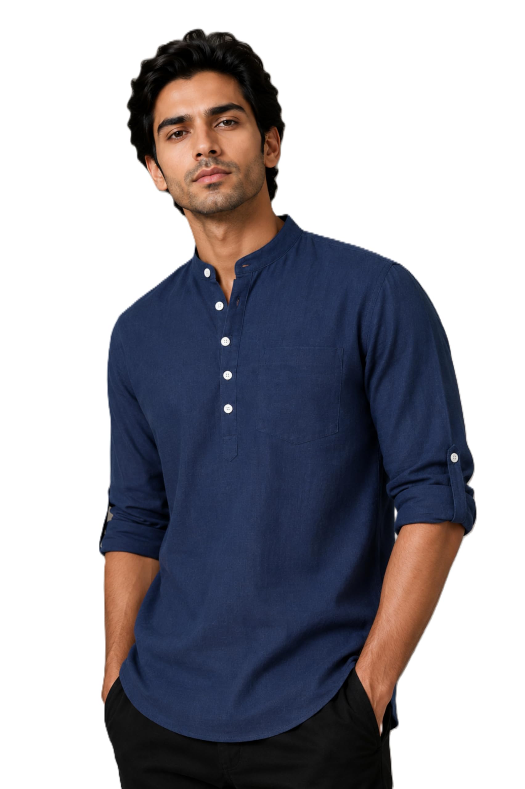 qashida Men's Cotton Linen Blend Relax Fit Short Kurta | Mandarin Collar | Roll-Up Sleeves | Hip Length | Solid Navy Blue-picture-25