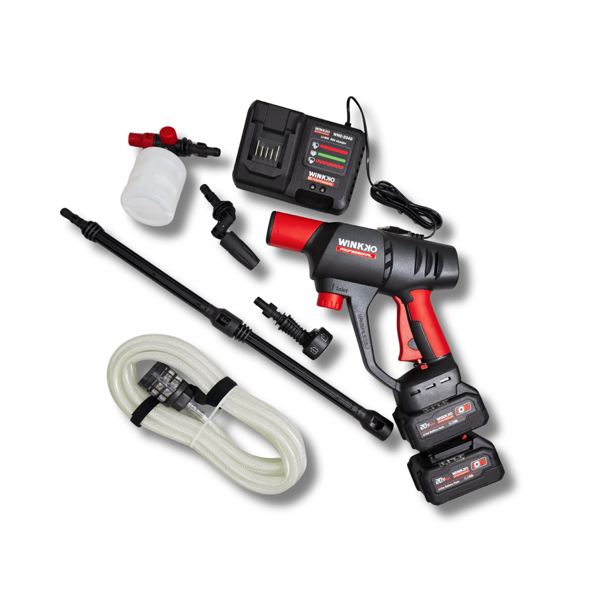 Pistola Lavadora a Presión Inalámbrica 20V Brushless con 2 Baterías 4.0Ah Pantalla LCD Boquilla 6 en 1 Manguera Bote para Jabón