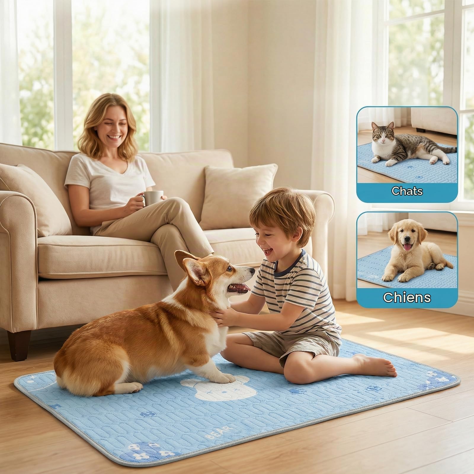 Tapis Rafraîchissant pour Chiens et Chats 50x40cm, Lavable en Machine - Motif Ours Bleu, Matelas Auto-Rafraîchissant en Tissu Glace & Remplissage Latex, Points Anti-Dérapants, pour Maison, Voiture