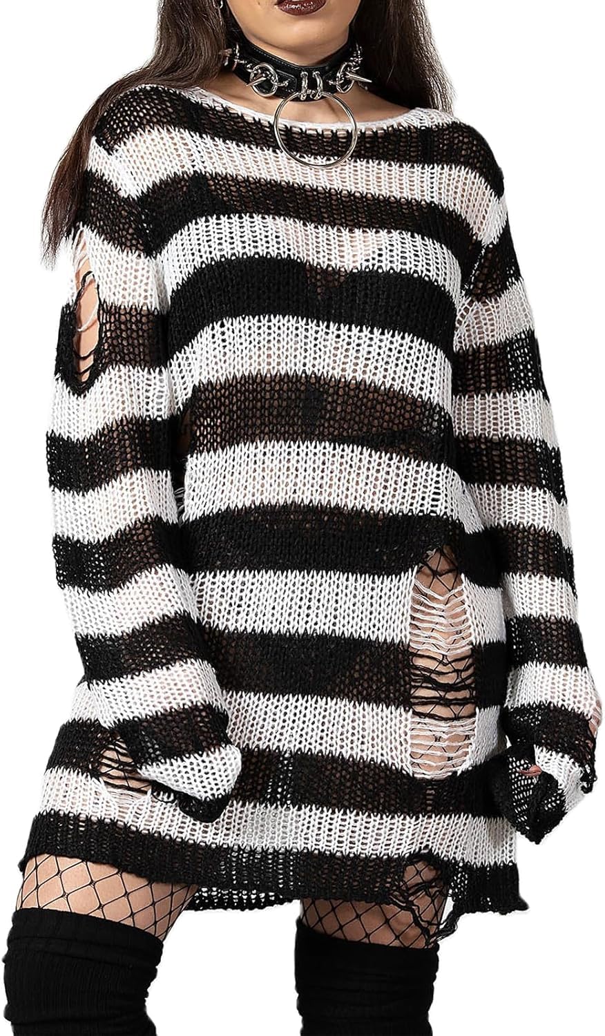 Chejooe Unisex Black White Women's Y2k Oversized Striped Sweater Long Sleeve Knitted Baggy Sweater Gothic Harajuku Loose Knit Pullover Jumper Tops Grunge Clothing(,Large)