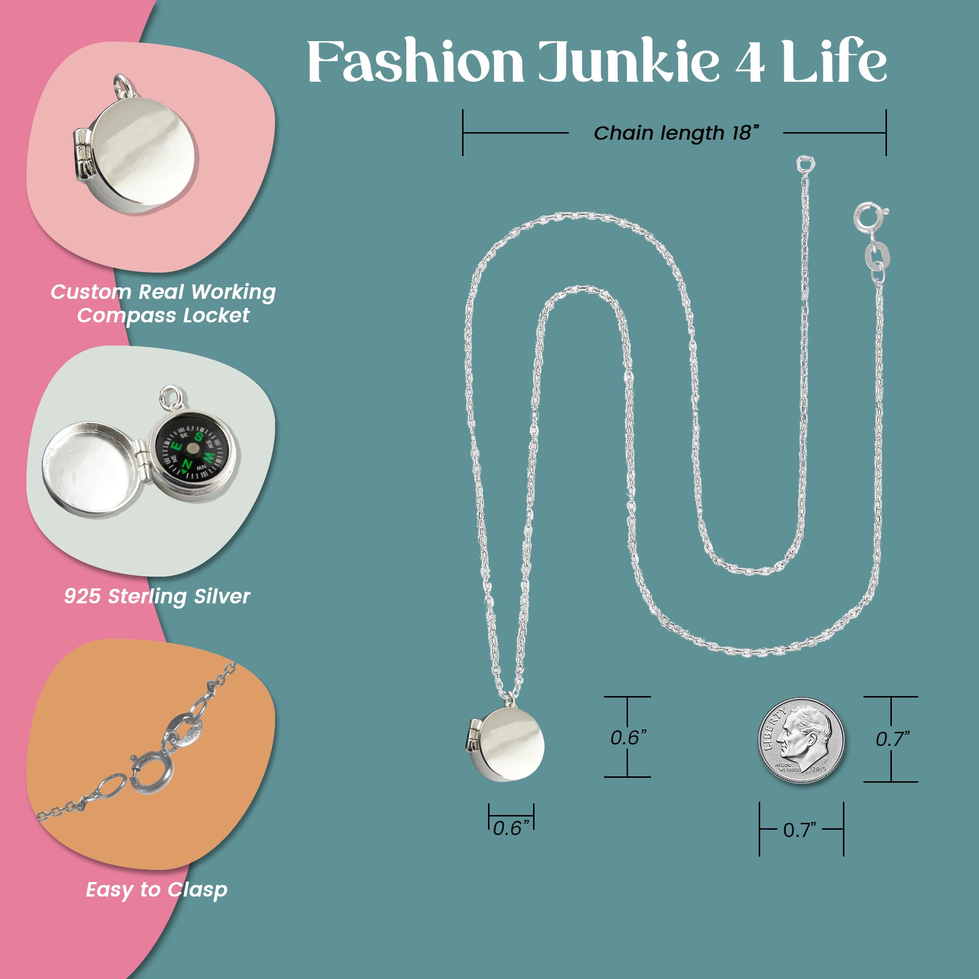 Collana con medaglione bussola funzionante in argento sterling, catena a serpente da 45,7 cm