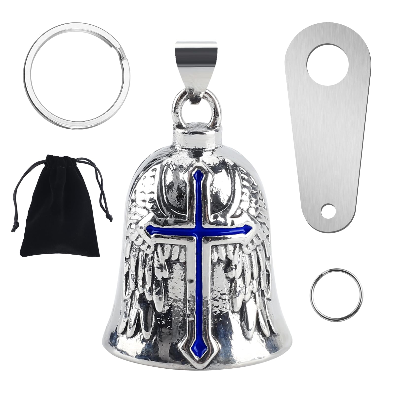 Vagcars Unisex Blue Motorcycle Guardian Bell Angel,Biker Luck Riding Spirit Bell With Hanger,2 Key Chain Rings,Organiser Bag,Good Luck Charm Gift For Riders (Blue)