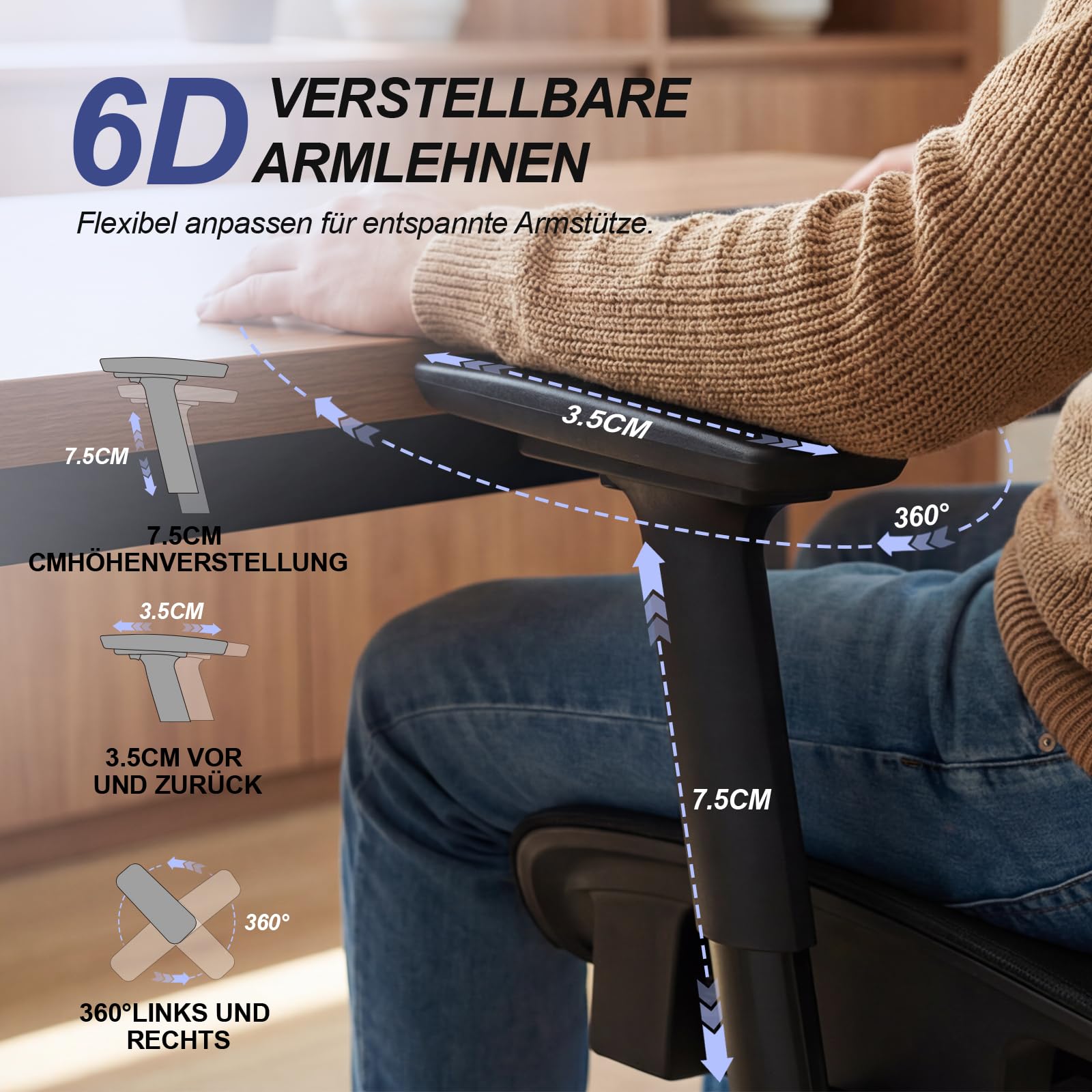 Bürostuhl Ergonomisch, Schreibtischstuhl mit Automatischer Lendenstütze (2-Fach höhenverstellbar), 4D-Kopfstütze, 4D-Armlehnen, Atmungsaktives Mesh, Drehstuhl bis 150 kg für Home Office & Büro