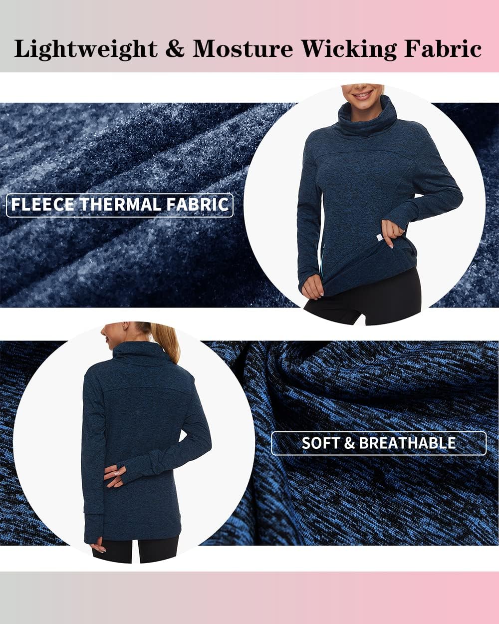 Soneven Women's Running Fleece Sweatshirts Cowl Neck Thermal Pullover Long Sleeve Shirt with Pocket and Neck Gaiter Face Mask - Image 3