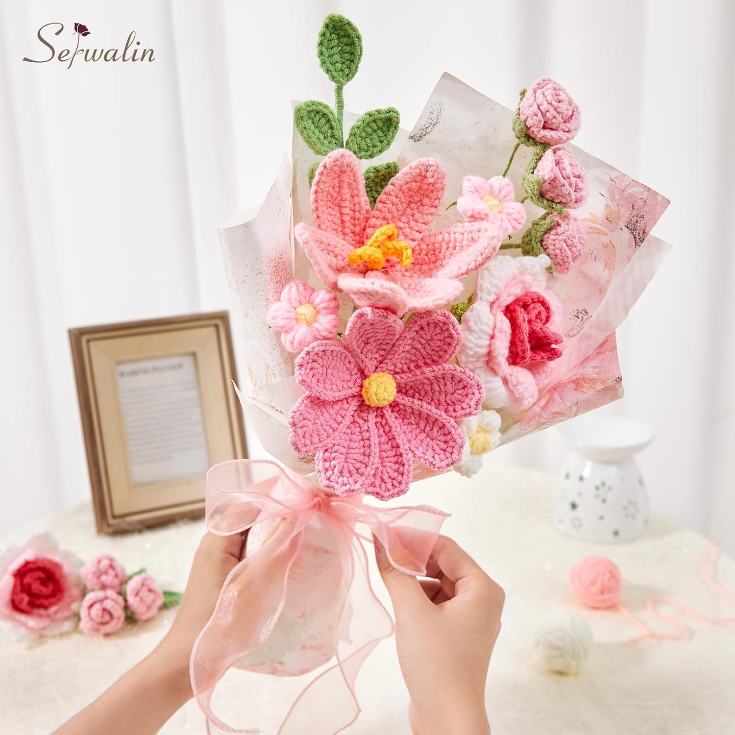 Serwalin Crochet Flower Bouquet, Pink Handmade Knitted Flowers, Crochet Tulips Galsang Flowers for Lover Girlfriend,Wife,Teacher Anniversary Birthday Mother's Day Graduation Gifts(Include Card) - Image 8