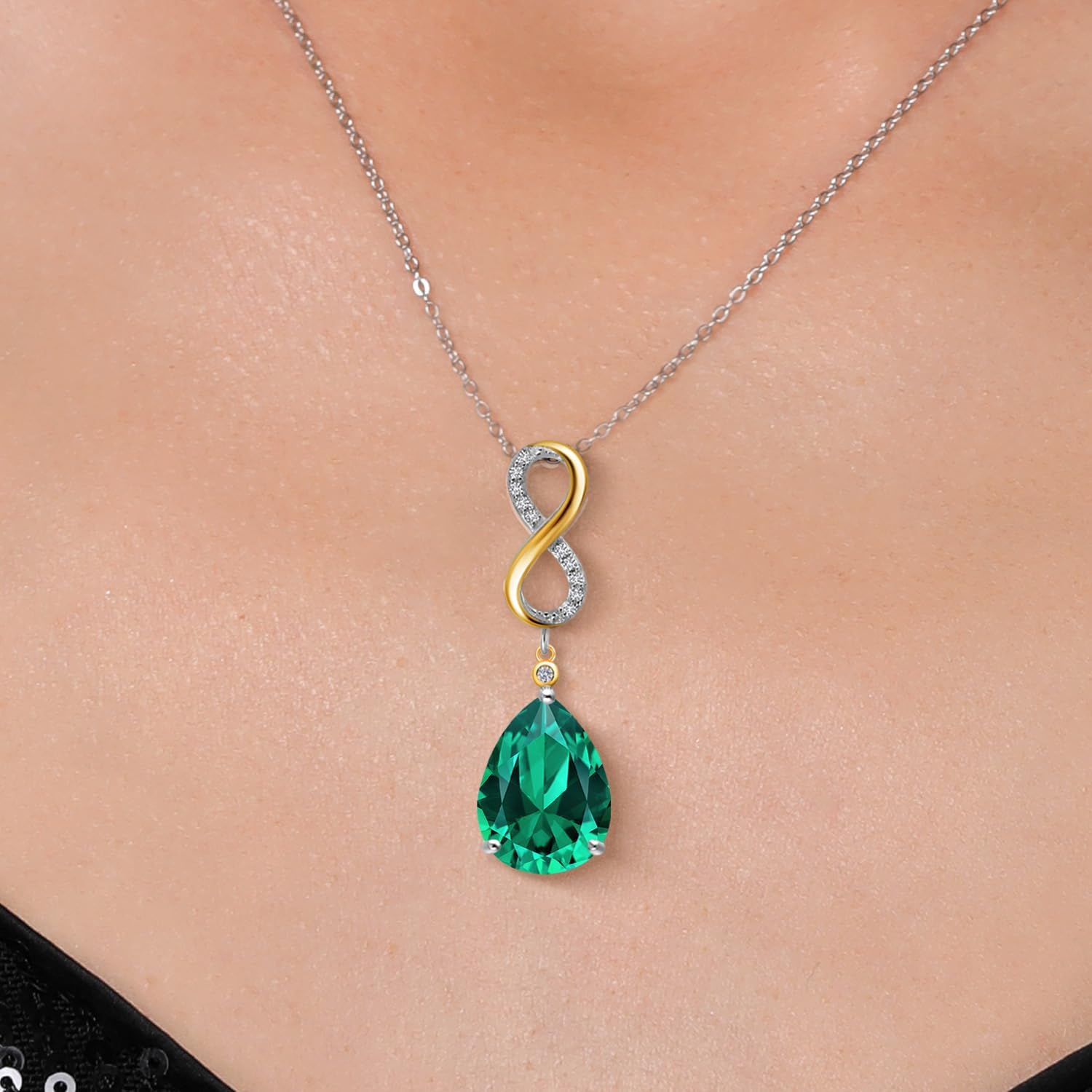 Gem Stone King 925 Silver and 10K Yellow Gold Green Nano Emerald and White Lab Grown Diamond Pendant Necklace for Women | 8.27 Cttw | Gemstone May Birthstone | Pear Shape 16X12MM | With 18 Inch Chain - Image 3