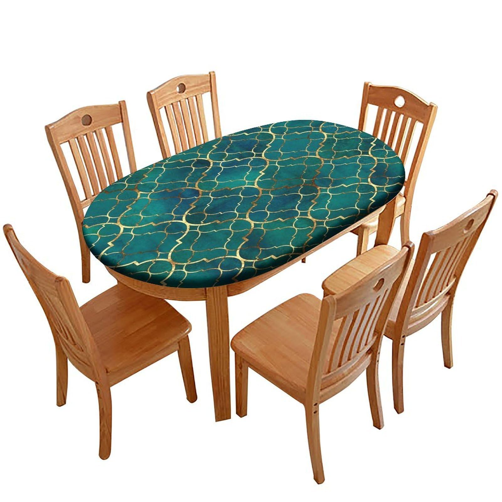 Green and Gold Moroccan Pattern Print Oval Table Cloths Stain Resistant Oilproof Elastic for Dining/Party/Buffet/Wedding Fits for 42" x 60" Oval Table