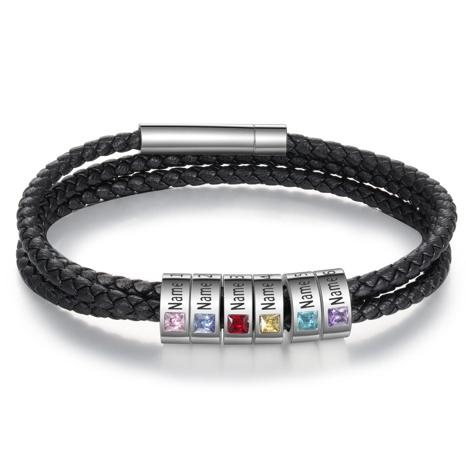Jewelstruck Fathers Day Custom Bracelet for Men Personalized Leather Bracelets Customized Beads Engraved 1-8 Birthstone Names Jewelry Gifts for Men Husband Christmas Valentines