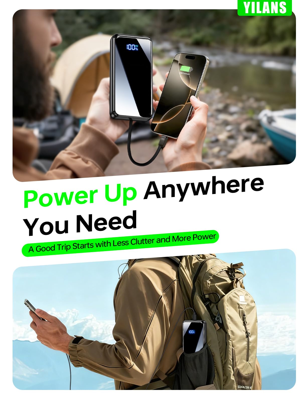 Portable Charger,50000mAh Power Bank Built-in Cable, 22.5W PD USB C In & Out Fast Charging, External Battery Pack with 6 Output & 2 Input, Travel Camping Essential for iPhone 17/16/15/14/13/12,Android