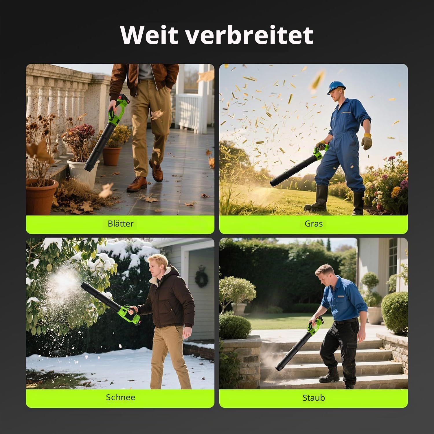 Akku-Laubbläser, 2X 21V Akkus & Schnellladegerät Set, mit stufenloser Geschwindigkeitsregelung, Leichter handgehaltener elektrischer Laubbläser für Rasenpflege, Hof, Garten, Terrasse (Grün-A)