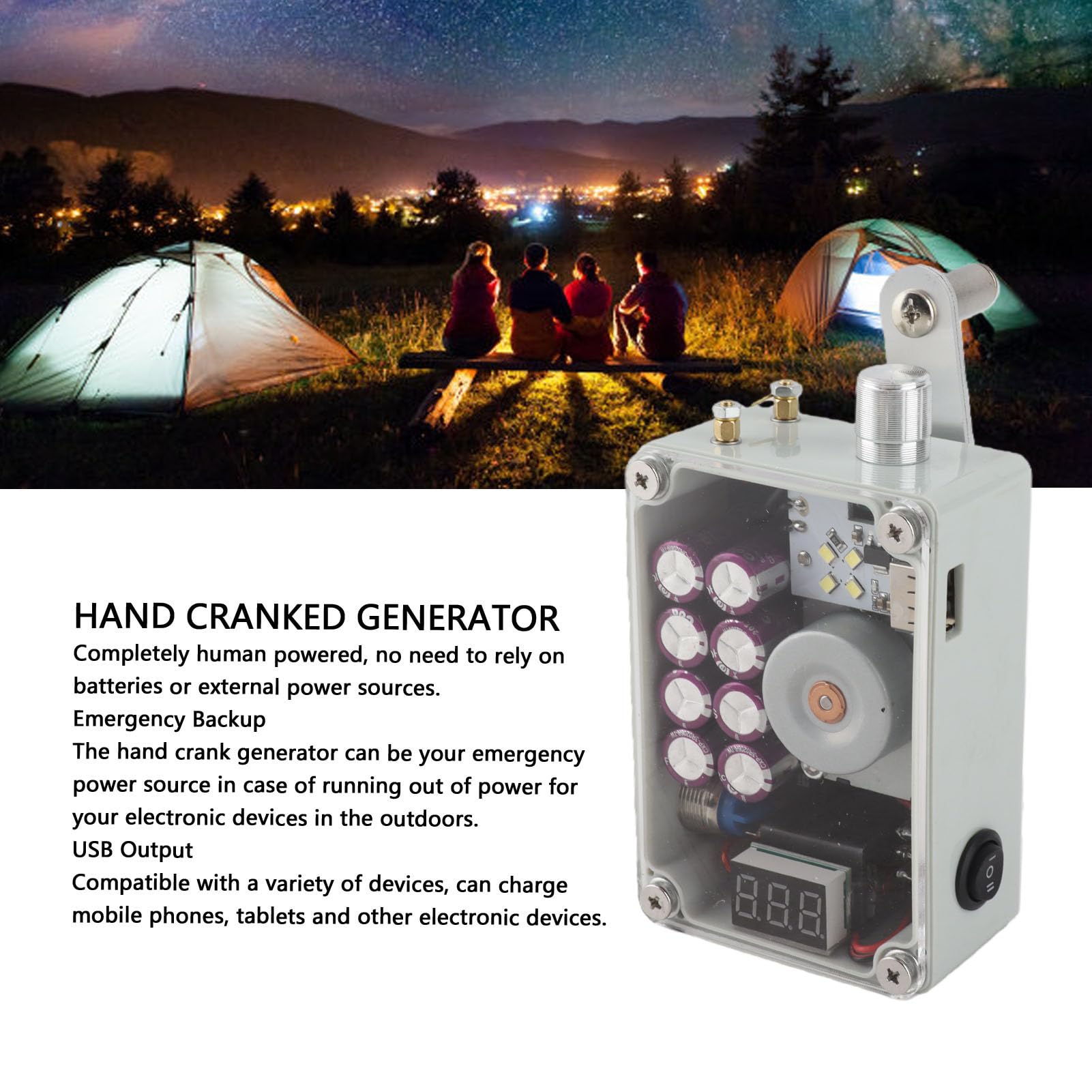 Generatore a Manovella Generatore di Corrente Manuale Portatile per Emergenze in Campeggio All'aperto Metallo ABS Leggero e Compatto
