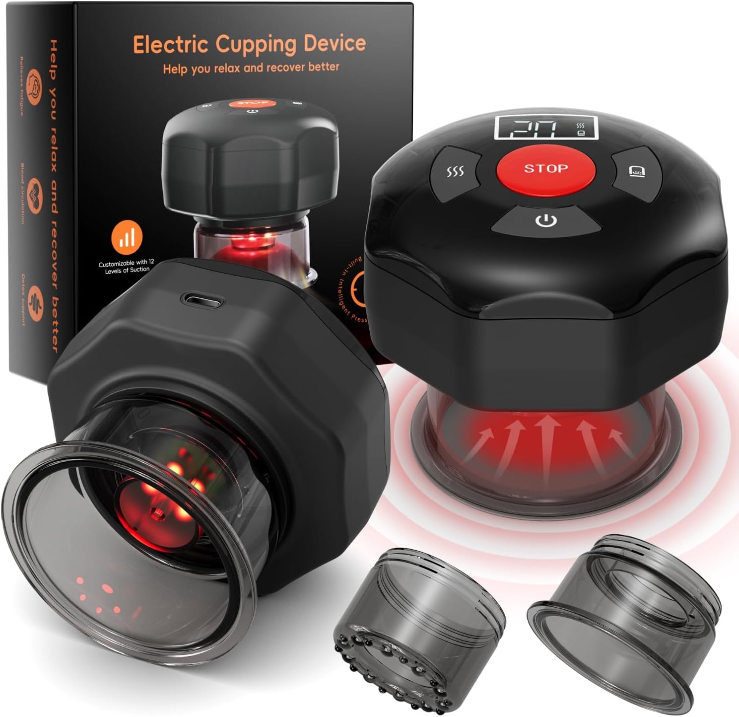 cotsoco 1 Pack 5-in-1 Smart Cupping Massager with LED Light, Gua Sha Cupping Set with 12 Suction Levels & 12 Heat for Targeted Muscle Pain Relief, Tighter Skin and Tension, Cupping Kit