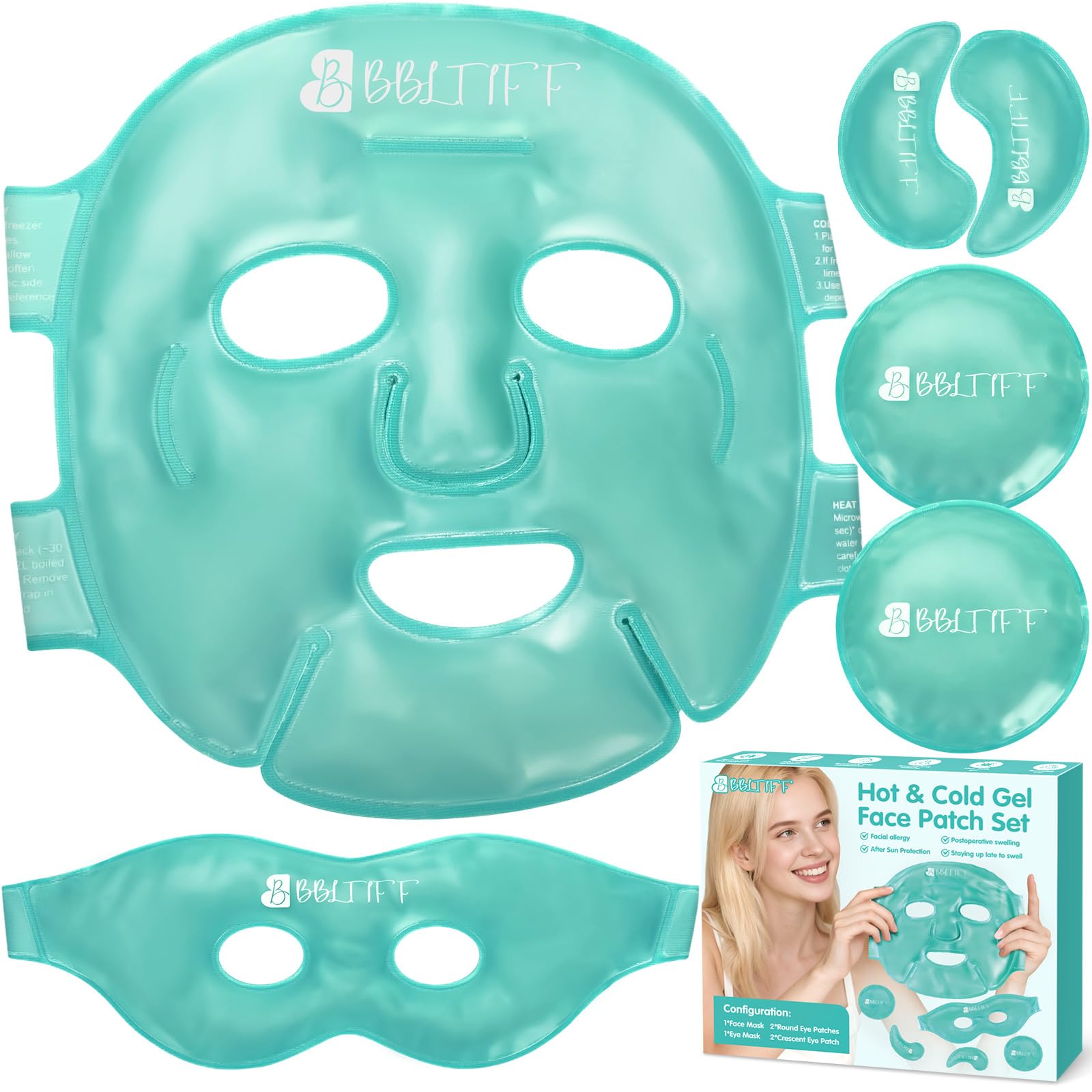 BBLTIF Maschera Occhi Gel Freddo e Maschera Ghiaccio Viso, con 4 Patch Occhi Riutilizzabili, Set Completo di Maschera con Strap Regolabili, per Alleviare il Gonfiore Degli e l'emicrania (6 Pezzi)