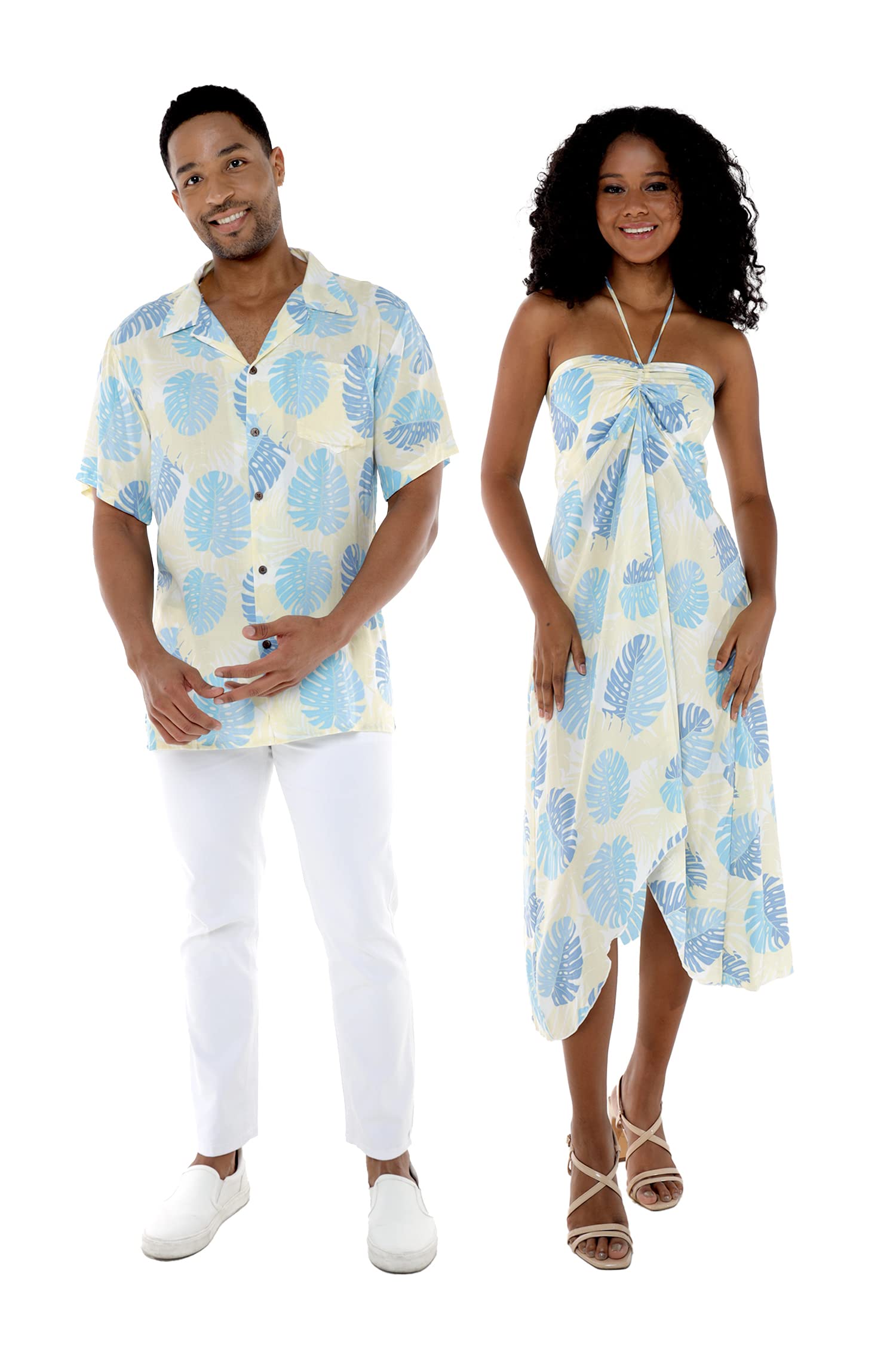 Hawaii HangoverMatchable Couple Hawaiian Luau Shirt or Butterfly Dress in Pacific Palm Cream