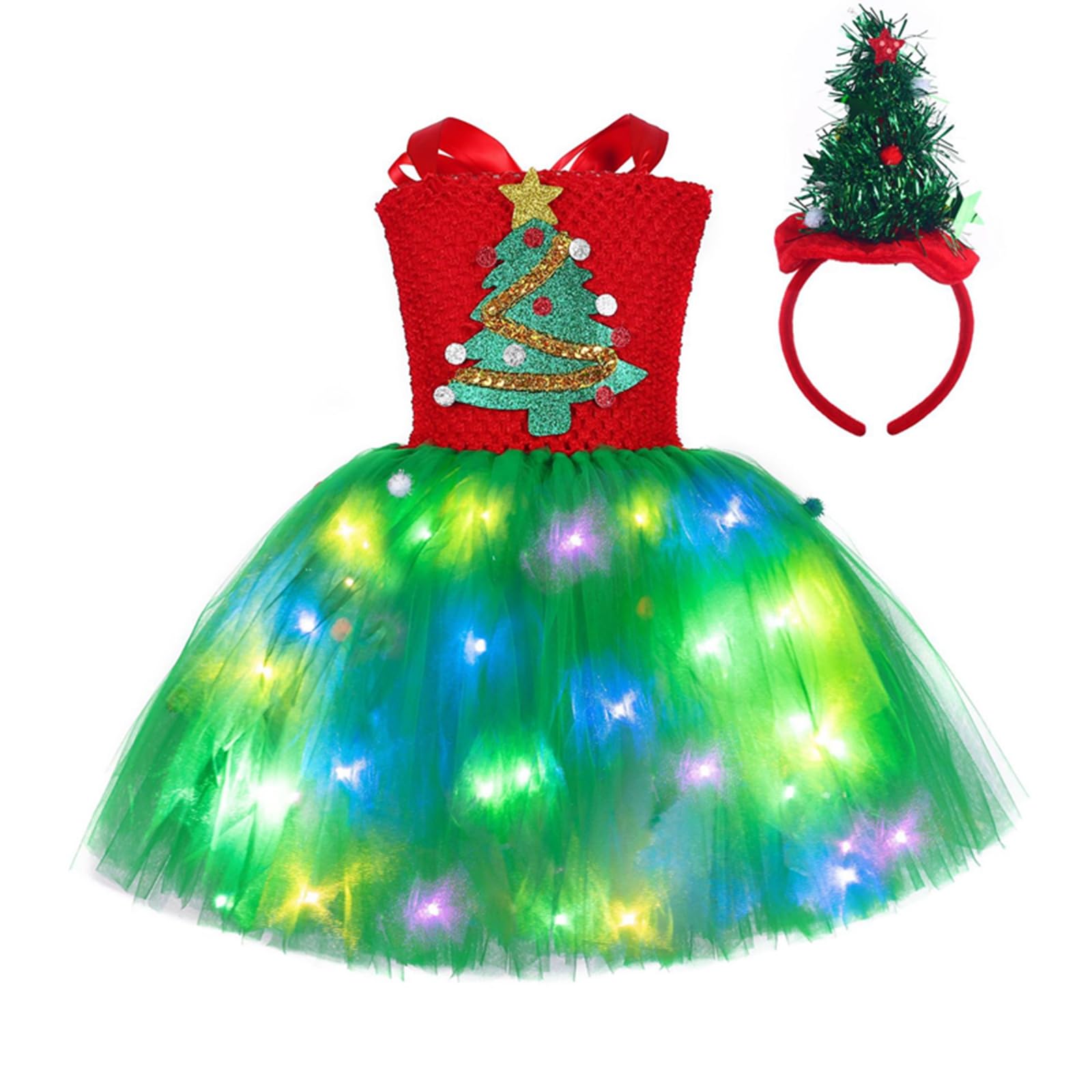 MALCIKLOToddler Girls Christmas Tree/Elf Costume Girl Mesh Tulle Dress with LED Light Headband Set Party Cosplay Outfit