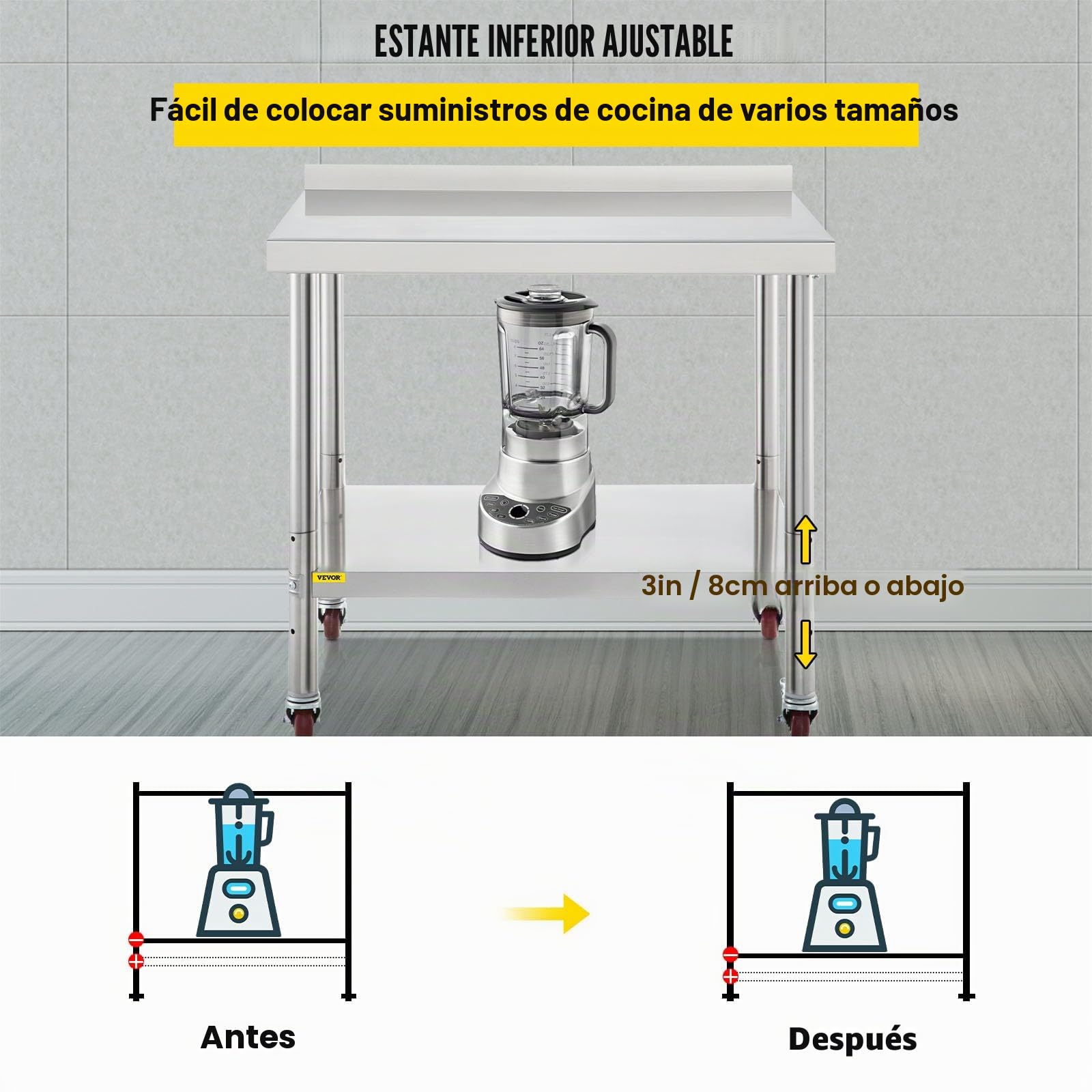 VEVOR Mesa de preparación de Acero Inoxidable, 30 x 24 x 35 Pulgadas, Capacidad de Carga de 440 Libras, Mesa de Trabajo de Metal Resistente con Estante Inferior Ajustable y 4 Ruedas, estación de
