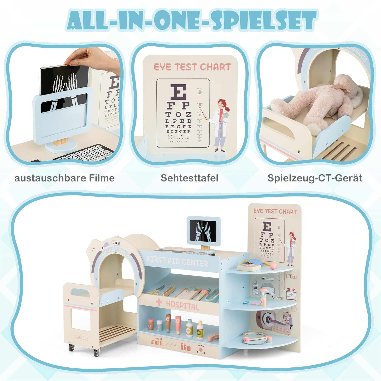 COSTWAY Holz Doktor Spielset, Krankenhaus Rollenspiel mit Sehtafel, Stethoskop, CT-Gerät, austauschbaren Filmen & medizinischen Zubehör, Arzt Set, Medizinisches Zentrum für Kinder ab 3 Jahren (Blau)