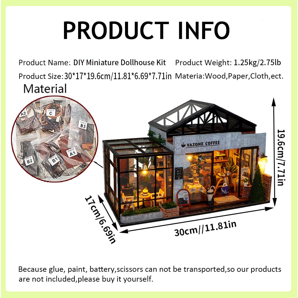 Kit de construction de maison miniature à faire soi-même, scène de café avec éclairage LED et œuvre musicale, modèle de décoration artisanal fait à la main pour décoration de bureau et de salon